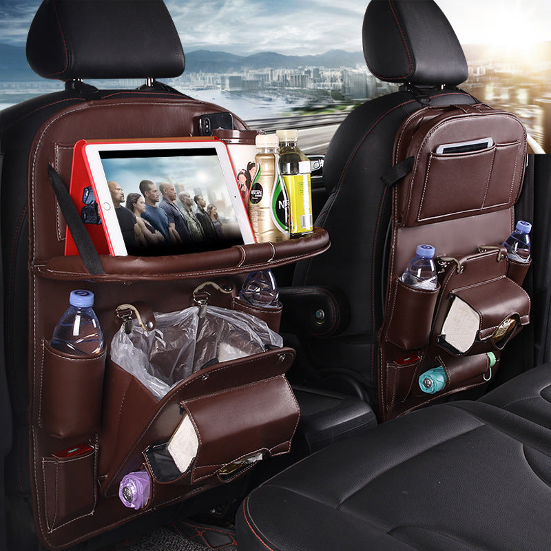 PU Leather Car Storage Organizer – Multifunctional Hanging Seat Back Tray with Trash Can & Pockets