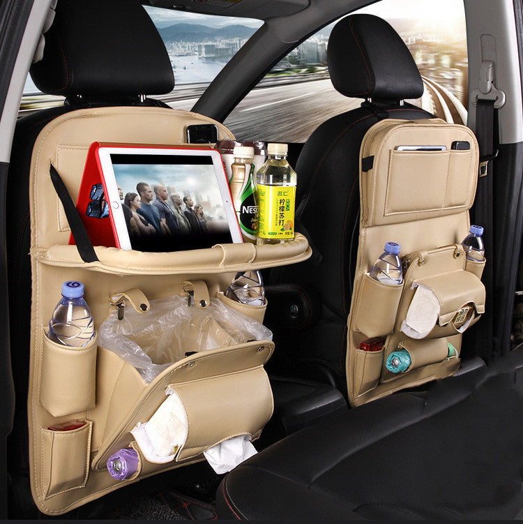 PU Leather Car Storage Organizer – Multifunctional Hanging Seat Back Tray with Trash Can & Pockets