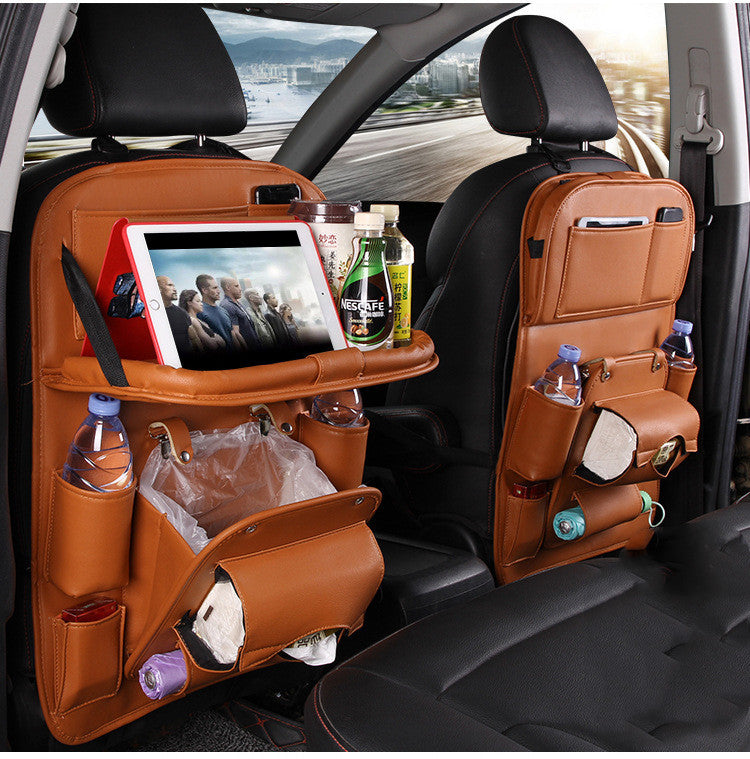 PU Leather Car Storage Organizer – Multifunctional Hanging Seat Back Tray with Trash Can & Pockets