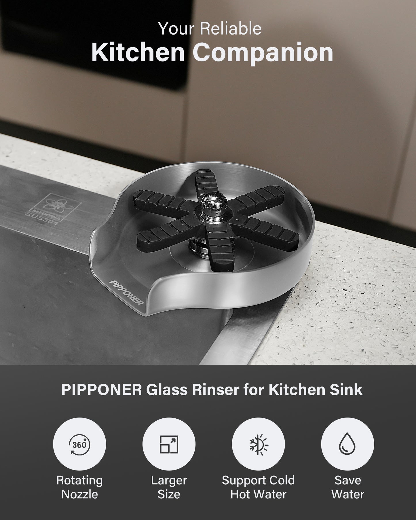 PIPPONER 360° Rotating Glass Rinser – High-Pressure Stainless Steel Cup Washer for Kitchen Sink