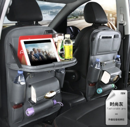 PU Leather Car Storage Organizer – Multifunctional Hanging Seat Back Tray with Trash Can & Pockets