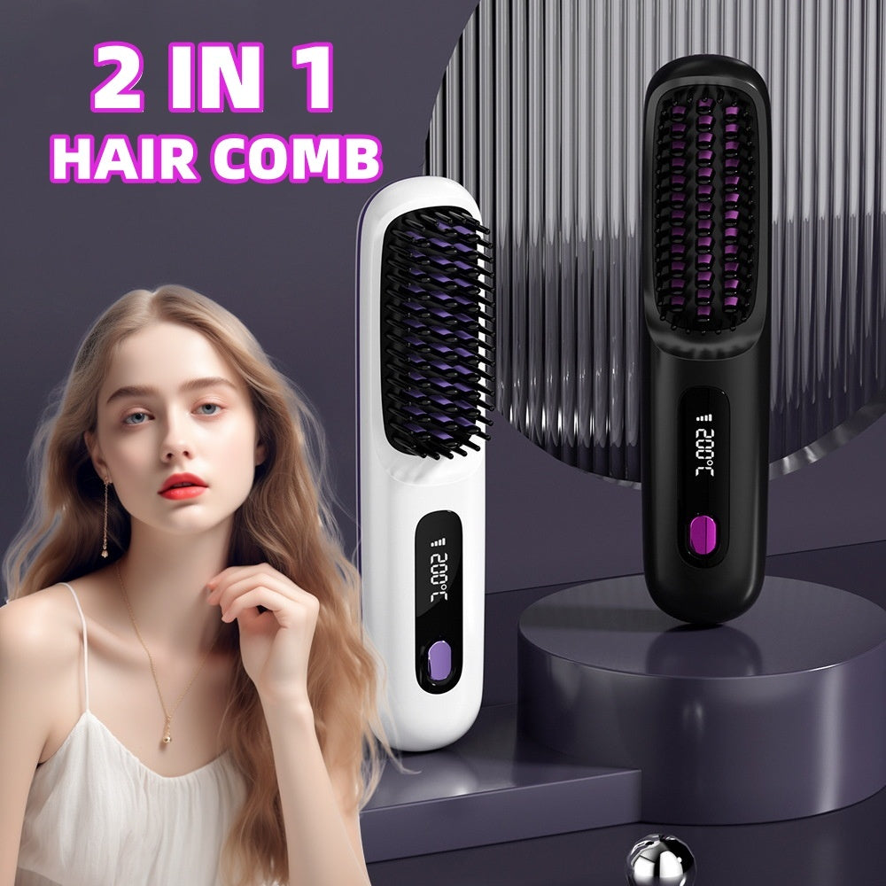 Wireless Hair Straightener Brush - Portable 2-in-1 Hot Comb